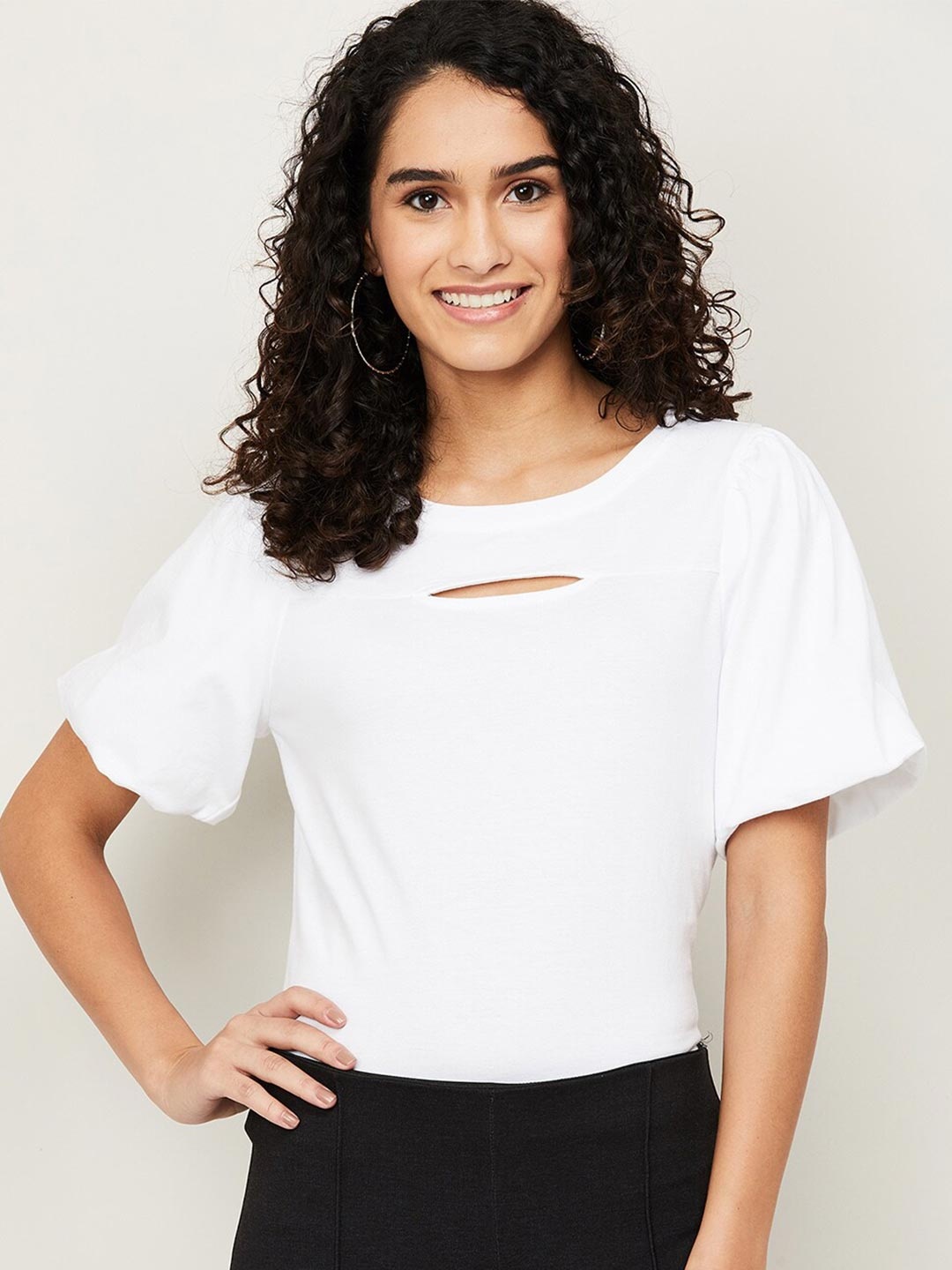 

Fame Forever by Lifestyle White Round Neck Cut Out Top