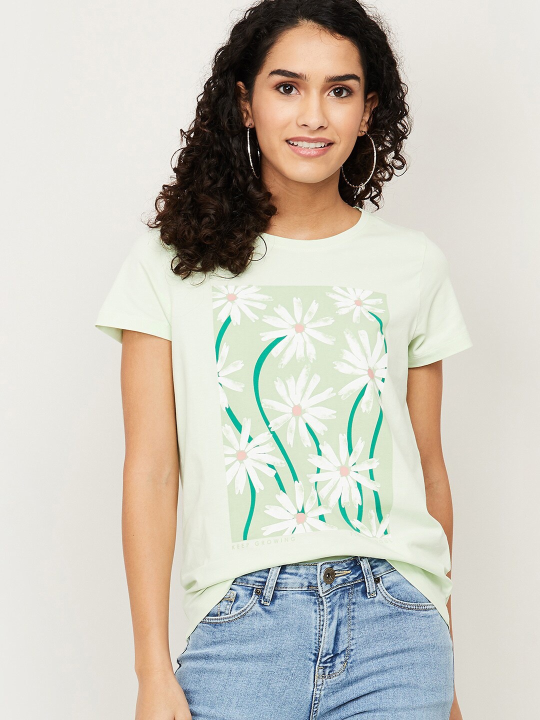 

Fame Forever by Lifestyle Women Round Neck Green Floral Print Top