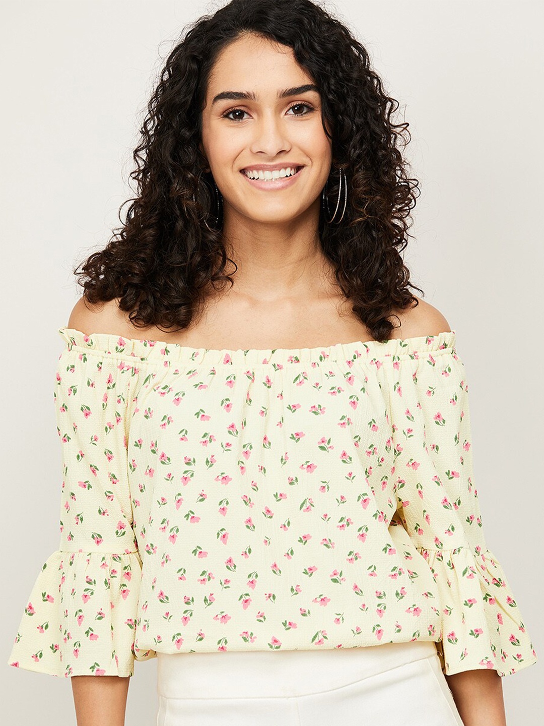 

Fame Forever by Lifestyle Yellow Floral Print Off-Shoulder Bardot Crop Top