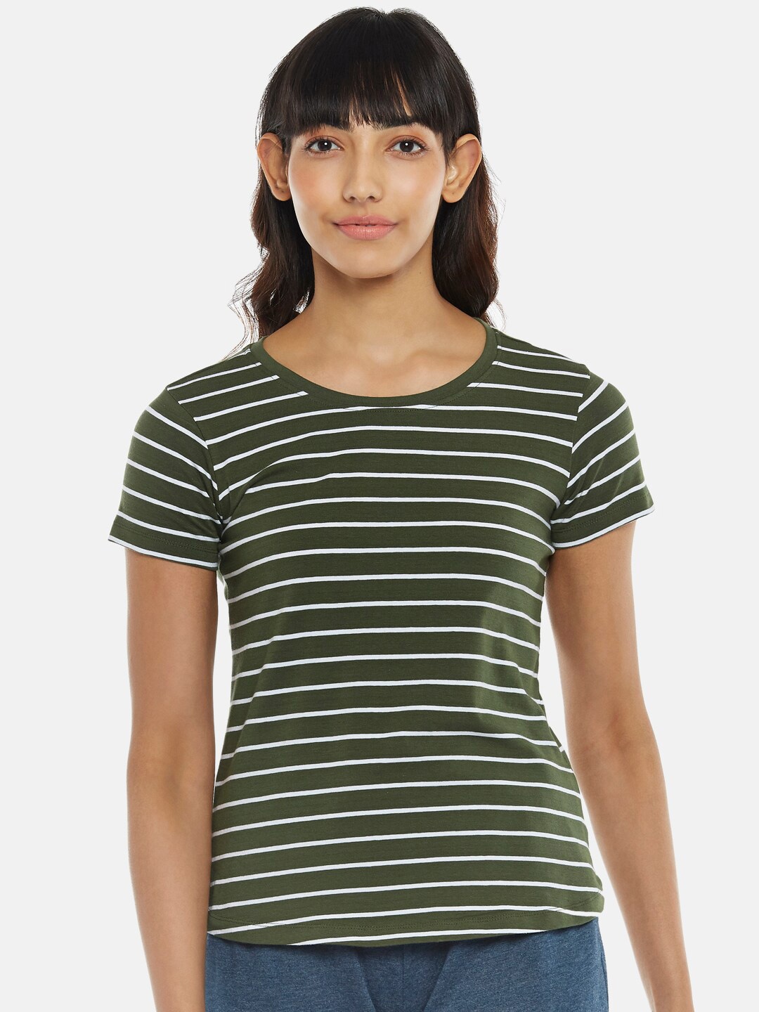 

Dreamz by Pantaloons Women Olive Green Striped Pure Cotton Top