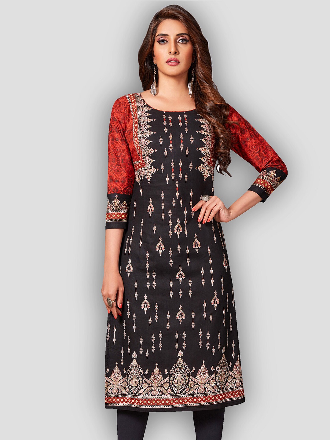 

Jevi Prints Women Black & Red Ethnic Motifs Printed Kurta