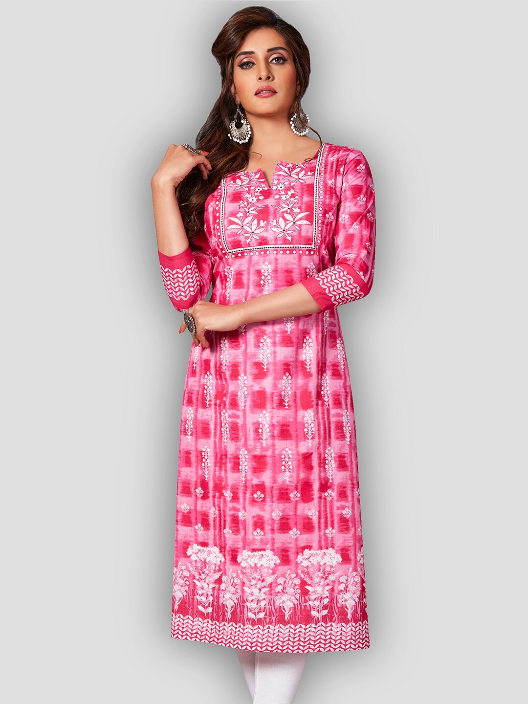 

Jevi Prints Women Pink & White Floral Printed Pure Cotton Kurta