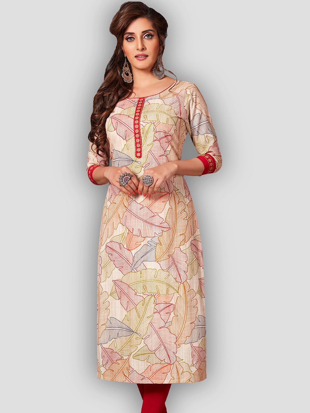 

Jevi Prints Women Cream-Coloured & Red Printed Pure Cotton Kurta
