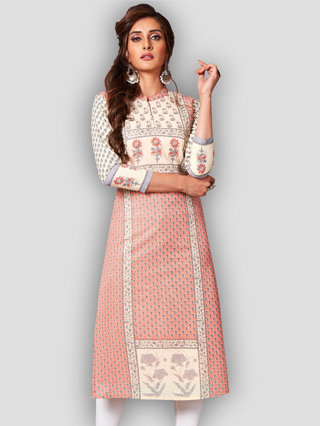 

Jevi Prints Women Beige & Peach-Coloured Ethnic Motifs Printed Kurta