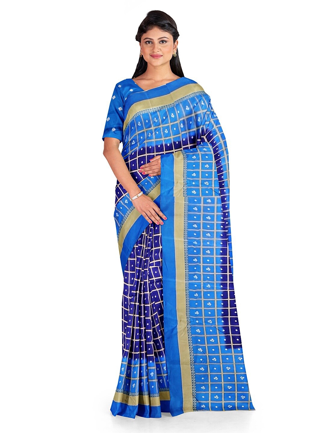 

KALINI Navy Blue & Blue Bandhani Silk Blend Fusion Bandhani Saree with blouse piece