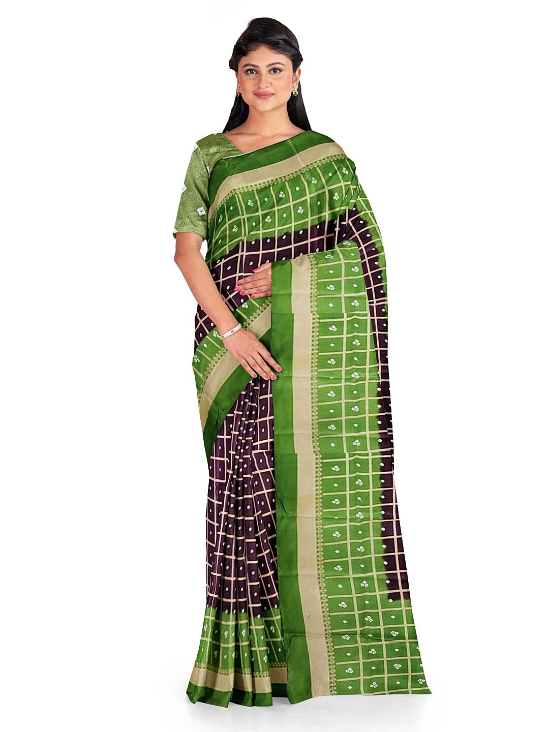 

Florence Coffee Brown & Green Bandhani Silk Blend Bandhani Saree