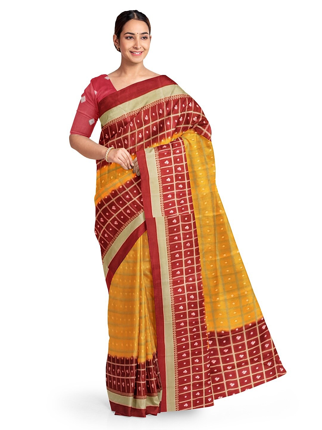 

KALINI Yellow & Maroon Bandhani Silk Blend Fusion Bandhani Saree