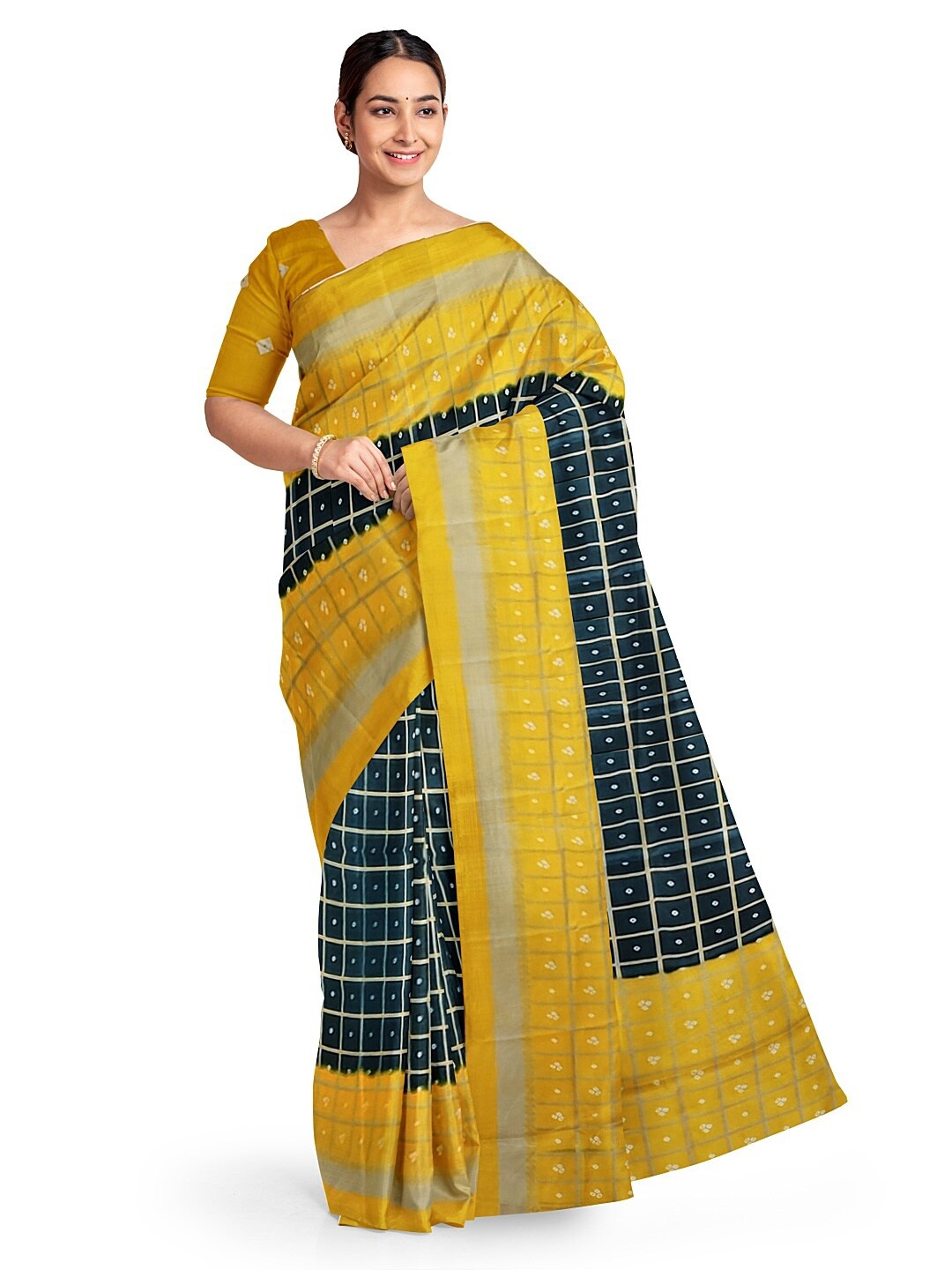 

KALINI Black & Gold-Toned Bandhani Silk Blend Fusion Bandhani Saree