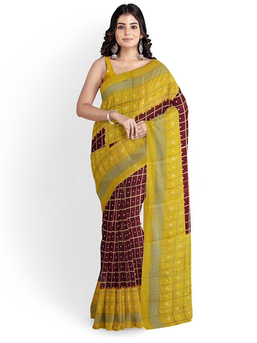 

KALINI Maroon & Mustard Bandhani Silk Blend Fusion Bandhani Saree