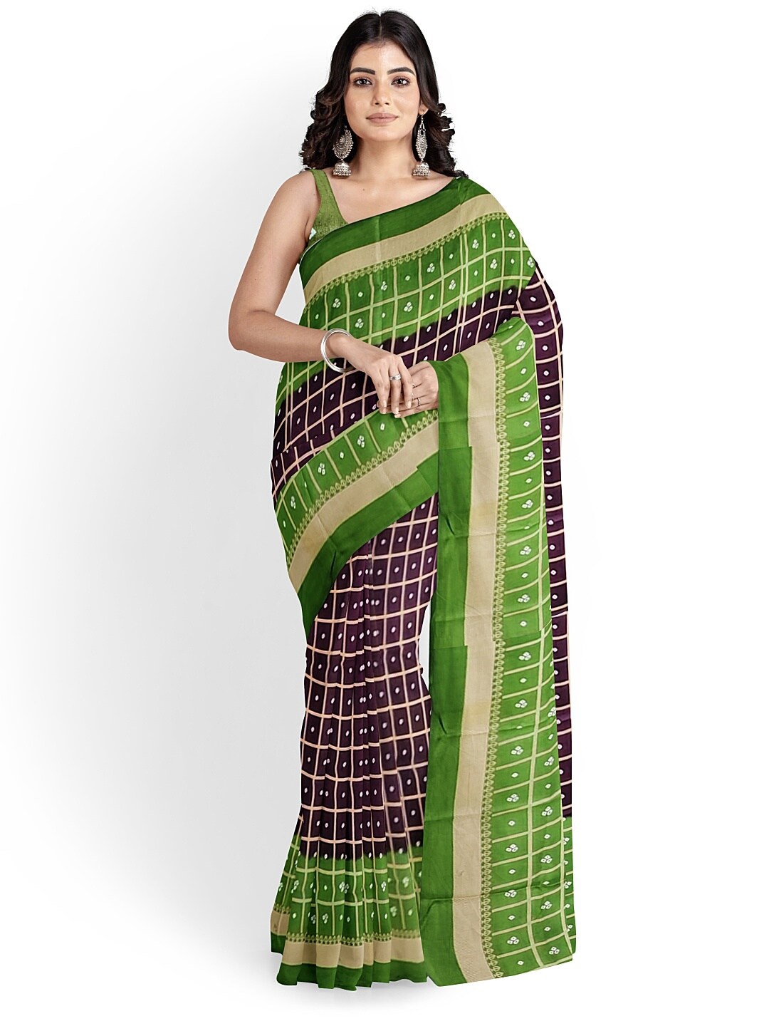 

KALINI Purple & Green Bandhani Silk Blend Fusion Bandhani Saree