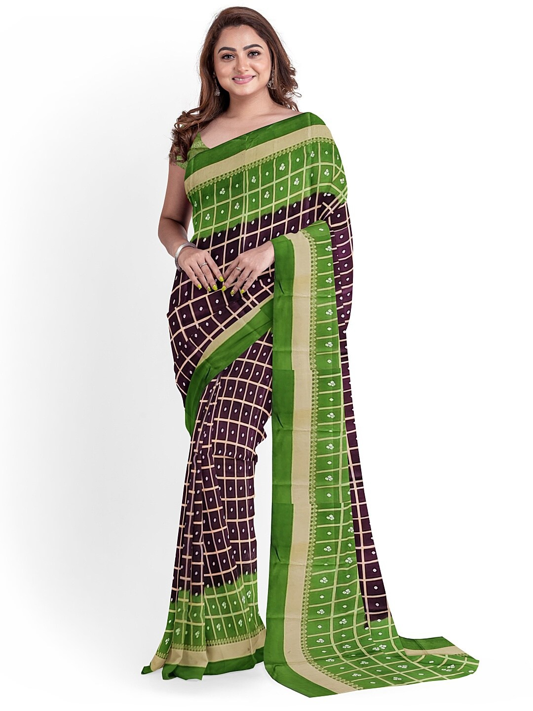 

Florence Women Coffee Brown & Green Bandhani Silk Blend Fusion Bandhani Saree