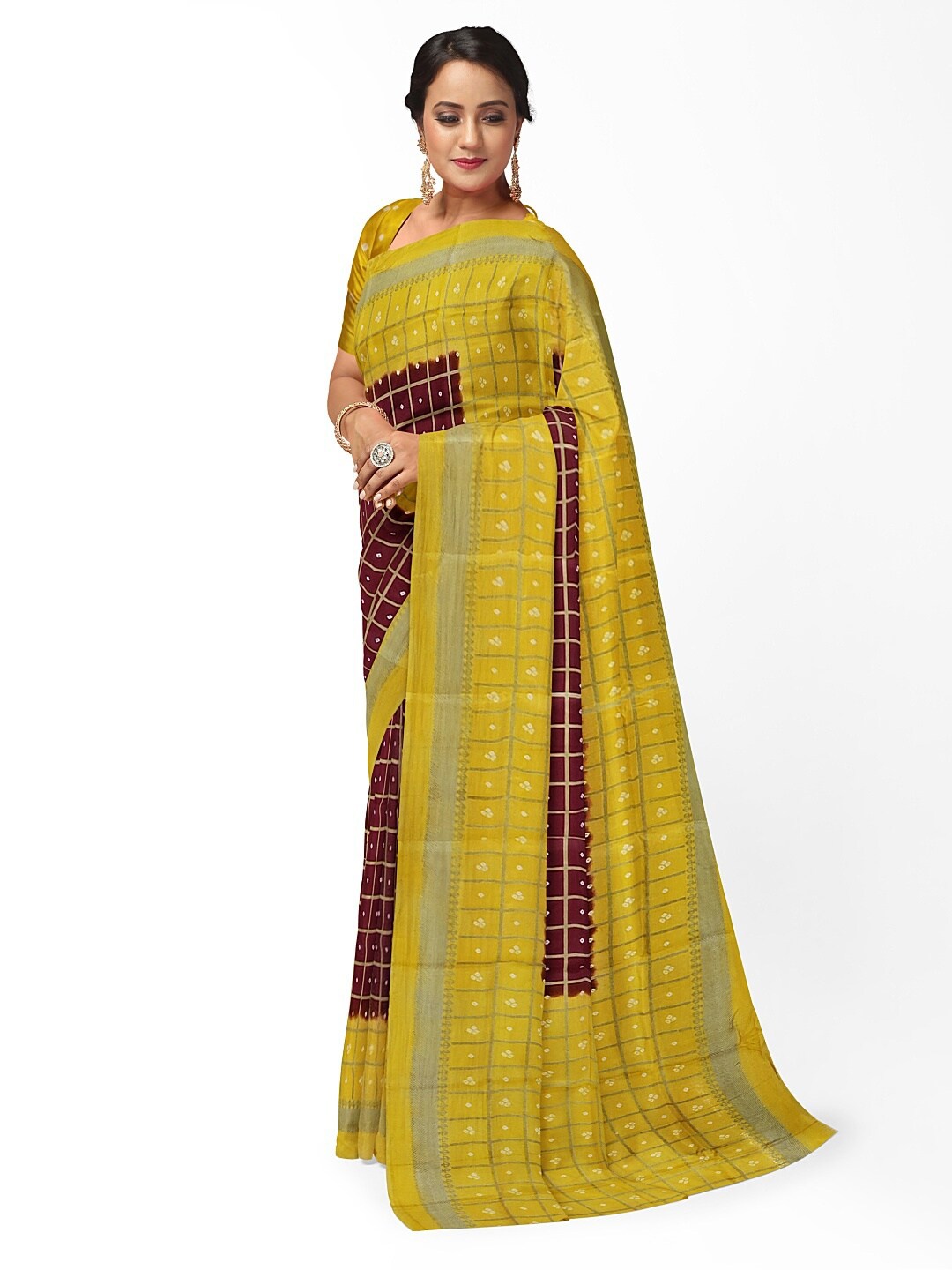 

Florence Maroon & Beige Bandhani Silk Blend Bandhani Saree