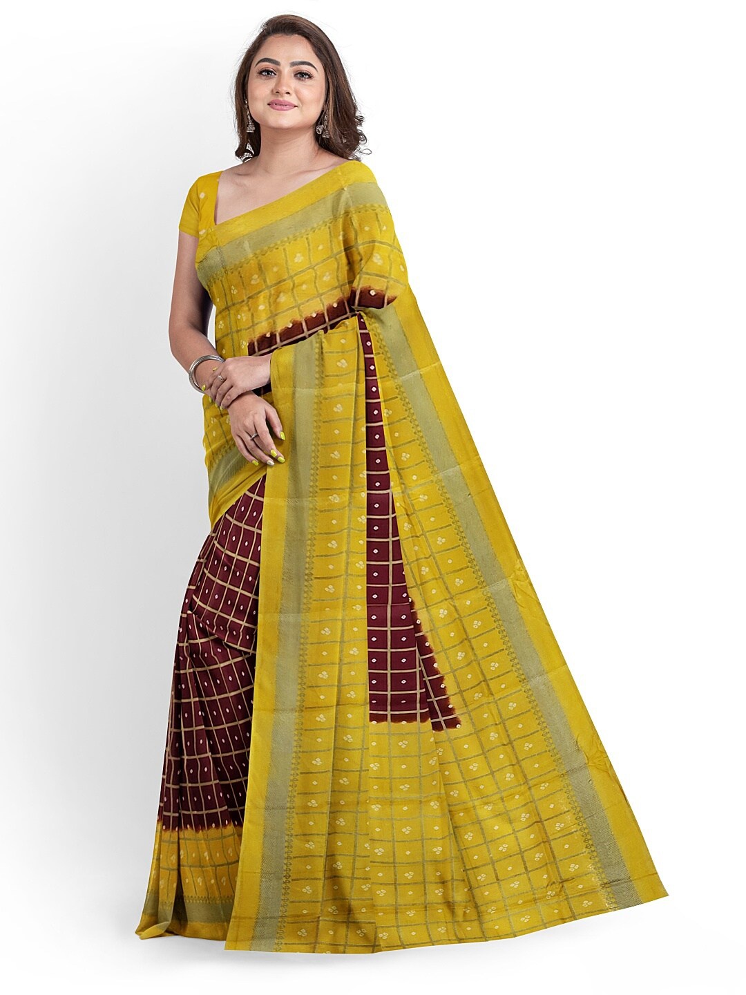 

Florence Women Maroon & Yellow Bandhani Silk Blend Fusion Saree