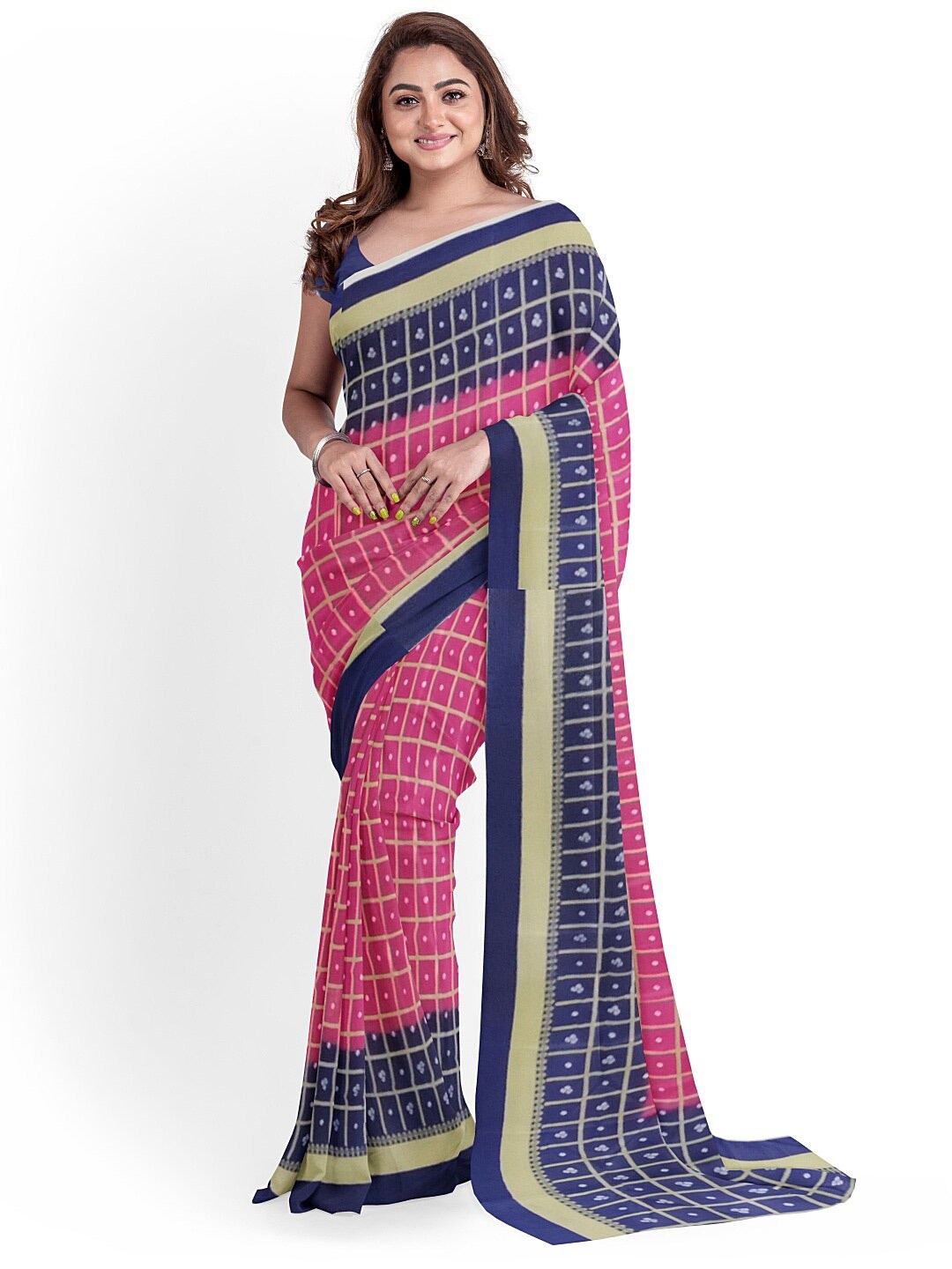 

Florence Pink & Blue Bandhani Silk Blend Fusion Bandhani Saree