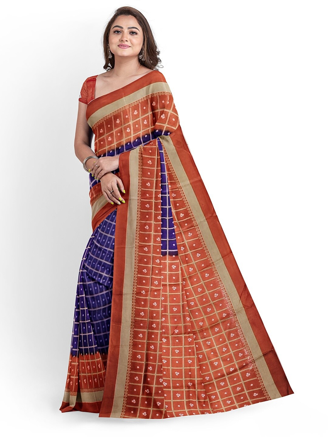 

Florence Purple & Red Checked Silk Blend Fusion Banarasi Saree