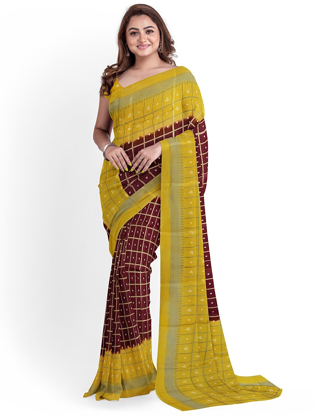 

KALINI Women Maroon & Green Silk Blend Fusion Bandhani Saree