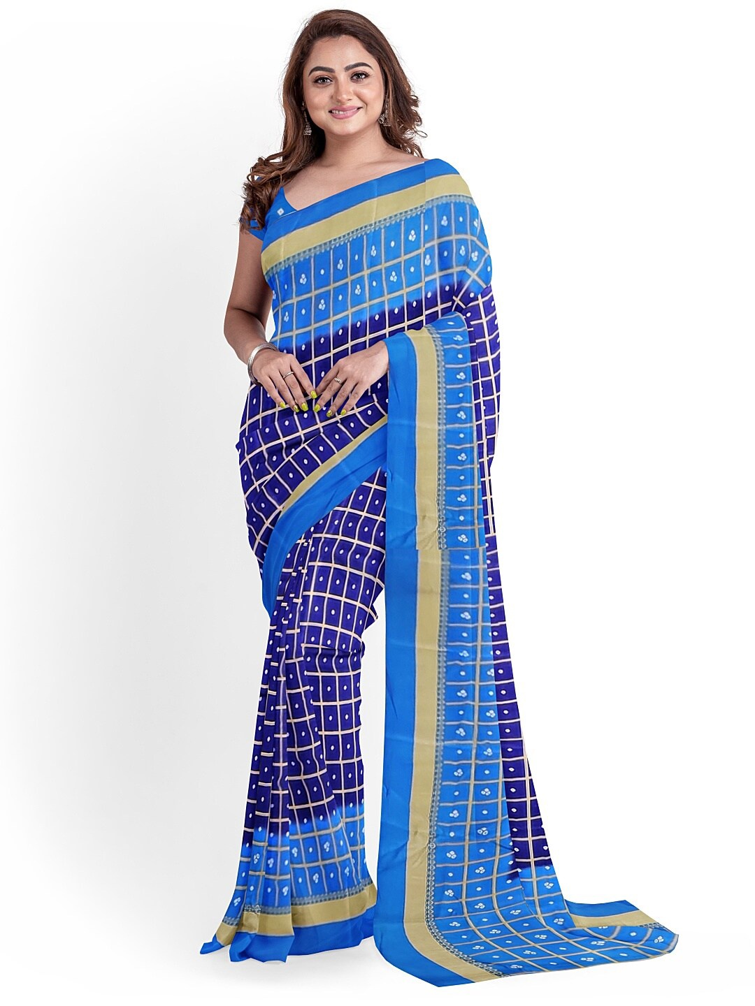 

KALINI Navy Blue & Turquoise Blue Bandhani Silk Blend Fusion Bandhani Saree