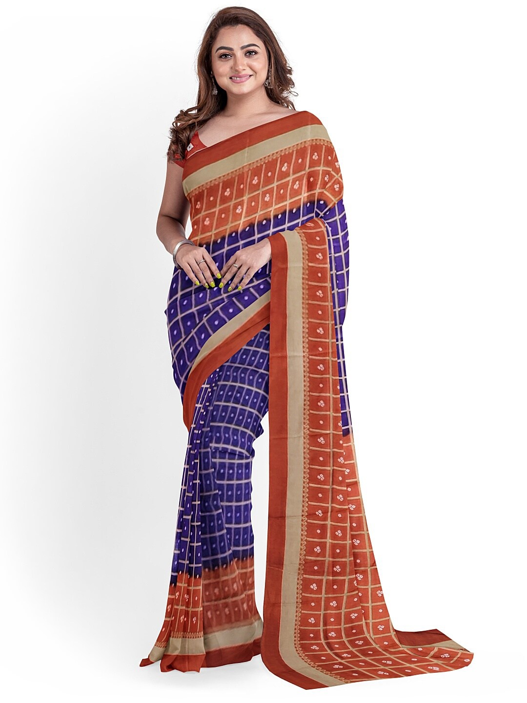 

KALINI Blue & Brown Bandhani Silk Blend Fusion Bandhani Saree