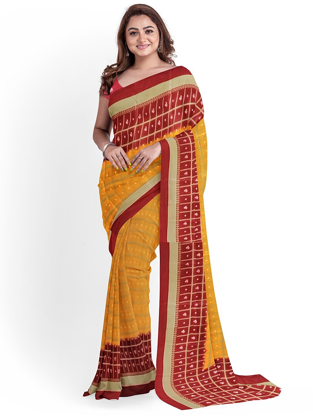 

KALINI Yellow & Red Bandhani Silk Blend Fusion Bandhani Saree