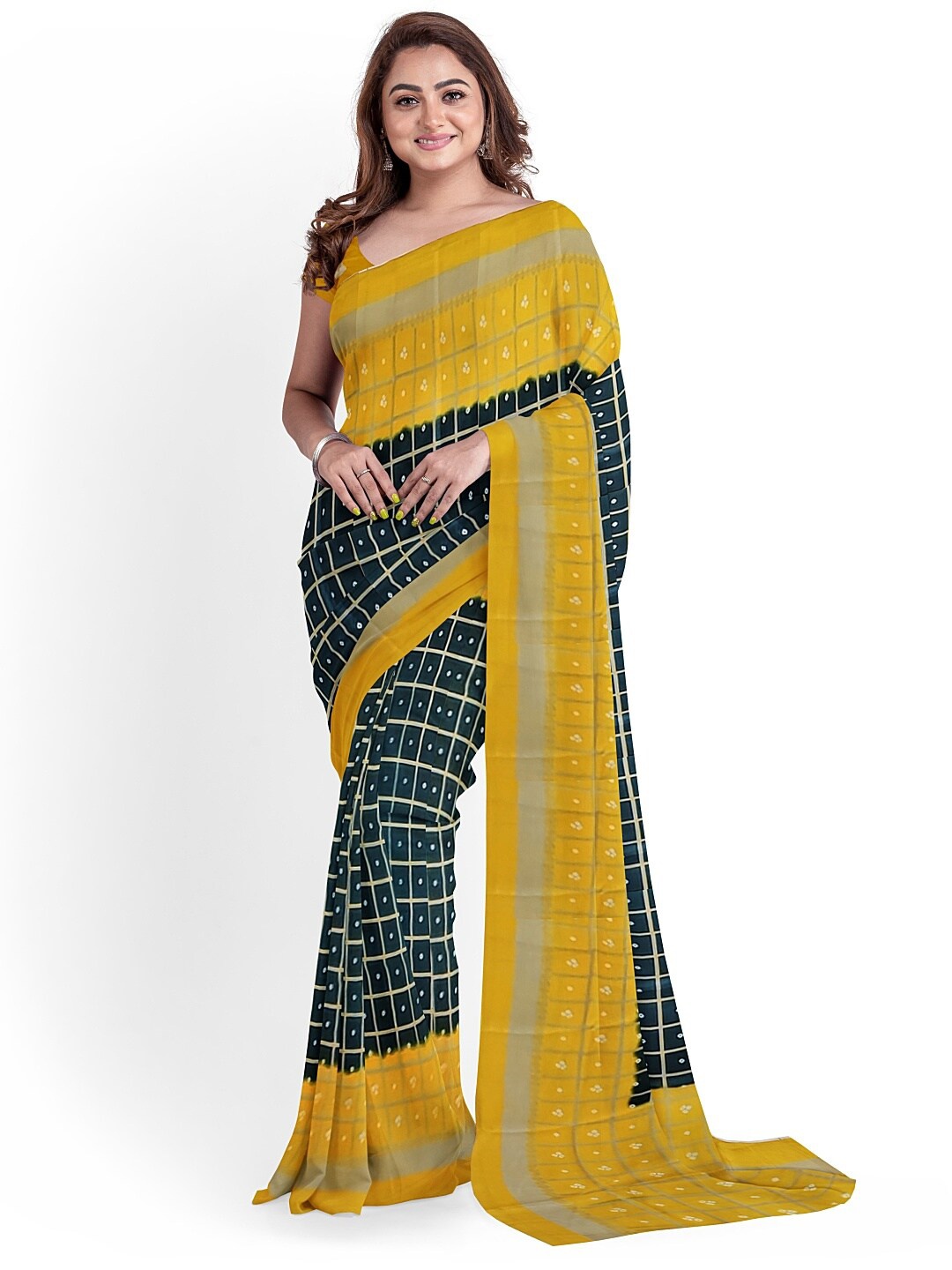 

KALINI Black & Mustard Bandhani Silk Blend Fusion Bandhani Saree