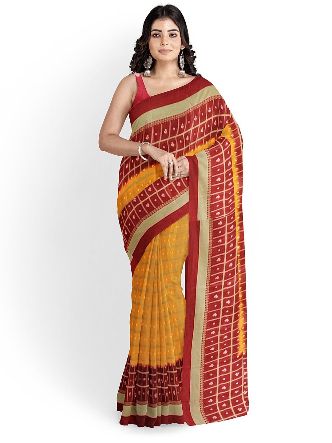 

Florence Yellow & Maroon Bandhani Silk Blend Fusion Bandhani Saree