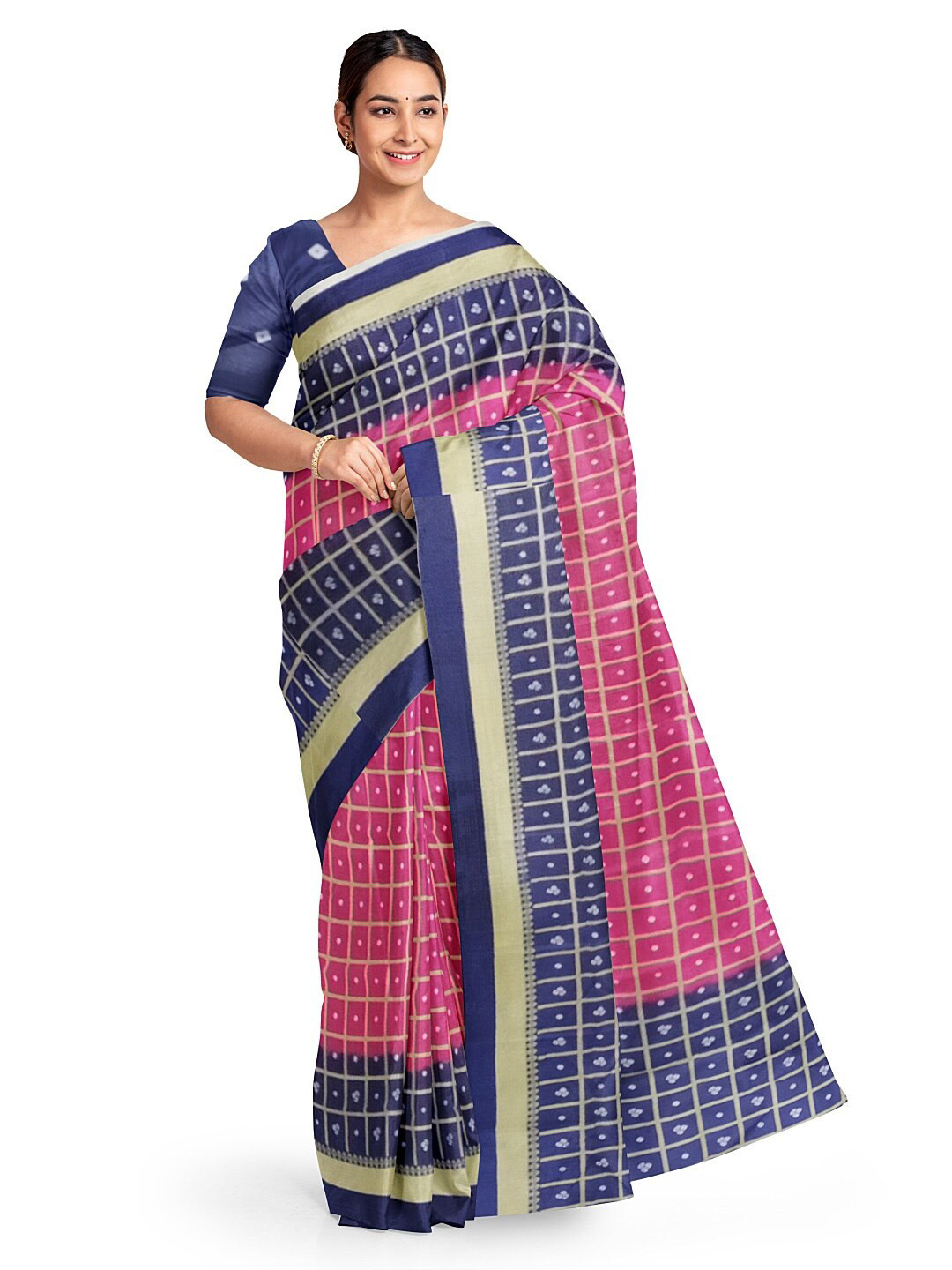 

Florence Pink & Navy Blue Bandhani Silk Blend Bandhani Saree