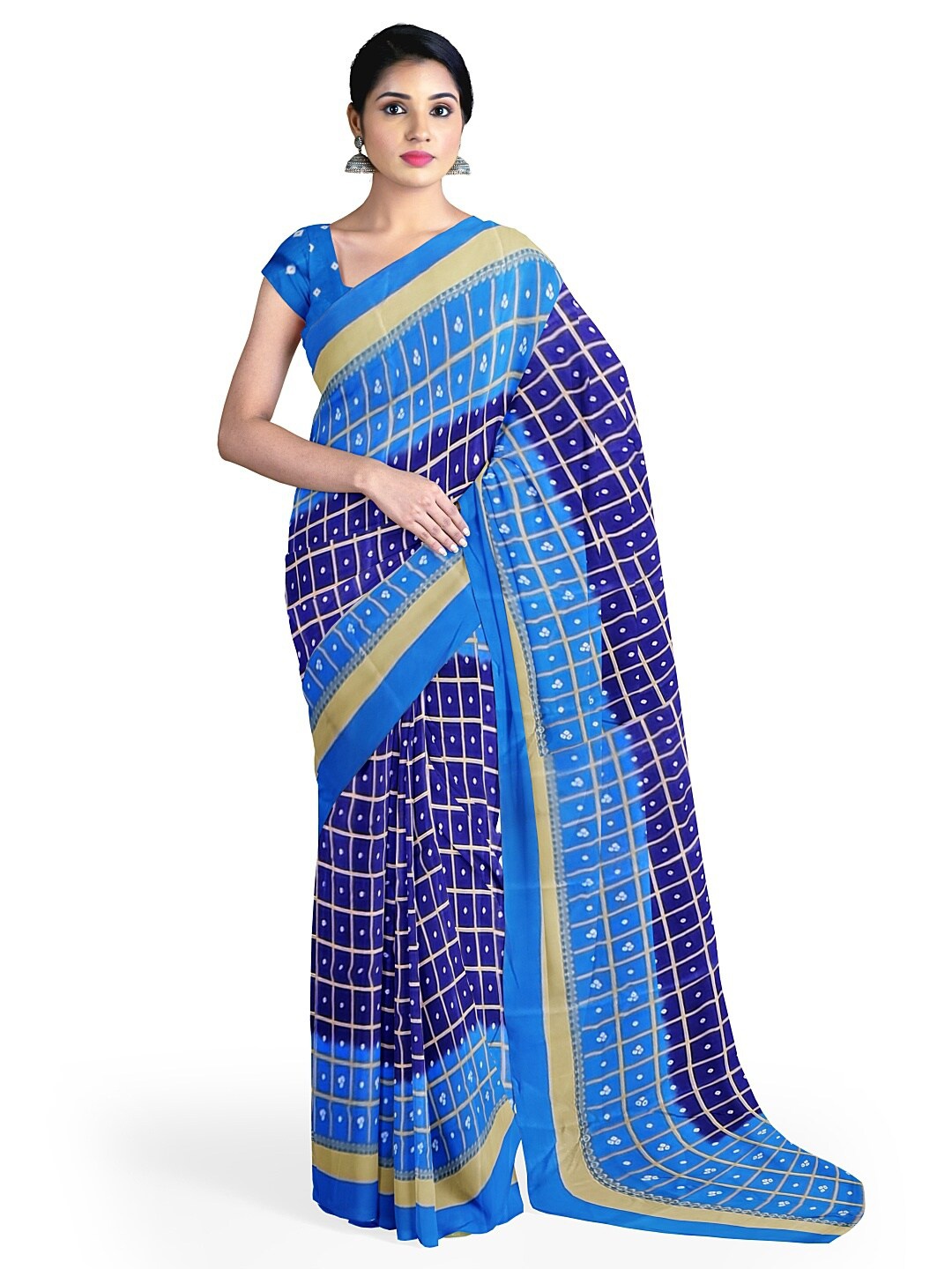 

KALINI Navy Blue & Beige Bandhani Silk Blend Fusion Bandhani Saree