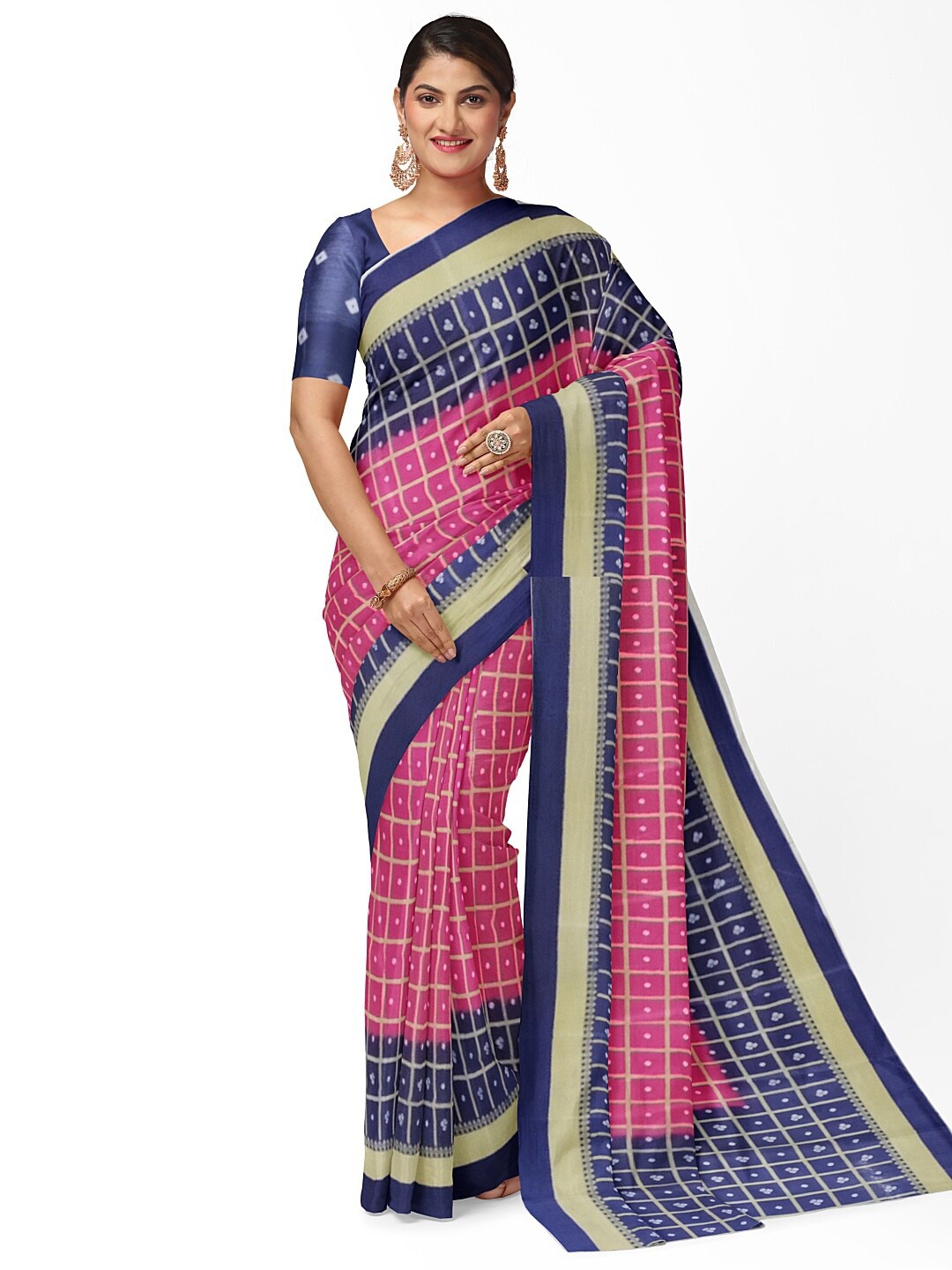 

Florence Pink & Navy Blue Bandhani Silk Blend Fusion Bandhani Saree