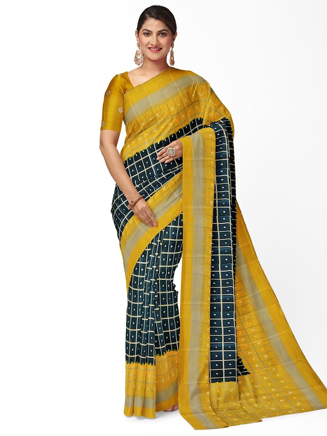 

KALINI Black & Mustard Bandhani Silk Blend Fusion Bandhani Saree