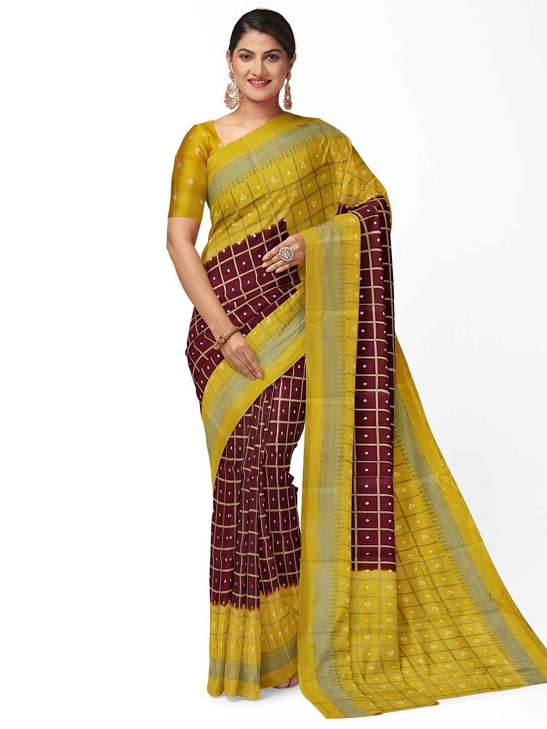 

KALINI Women Maroon & Green Silk Blend Fusion Bandhani Saree