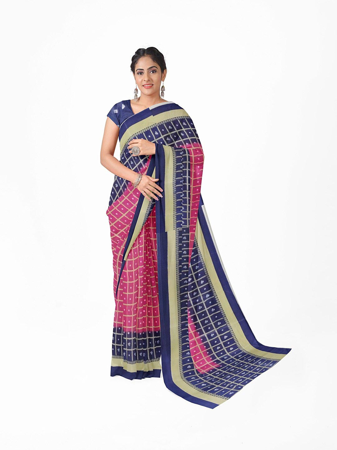 

Florence Women Pink & Blue Bandhani Silk Blend Fusion Bandhani Saree with blouse piece