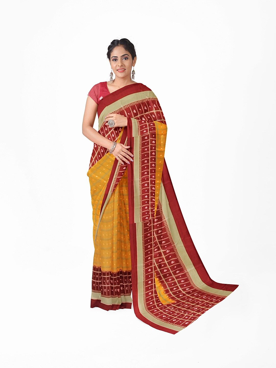 

Florence Yellow & Brown Bandhani Silk Blend Fusion Bandhani Saree