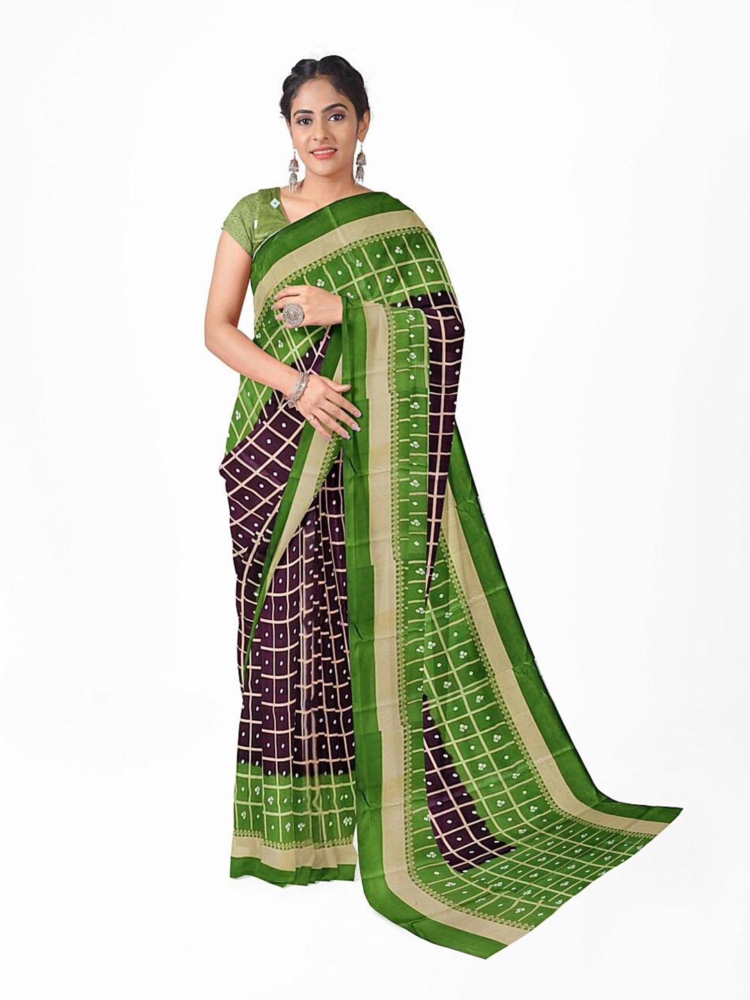 

Florence Women Coffee Brown & Green Bandhani Fusion Bandhani Saree with blouse piece