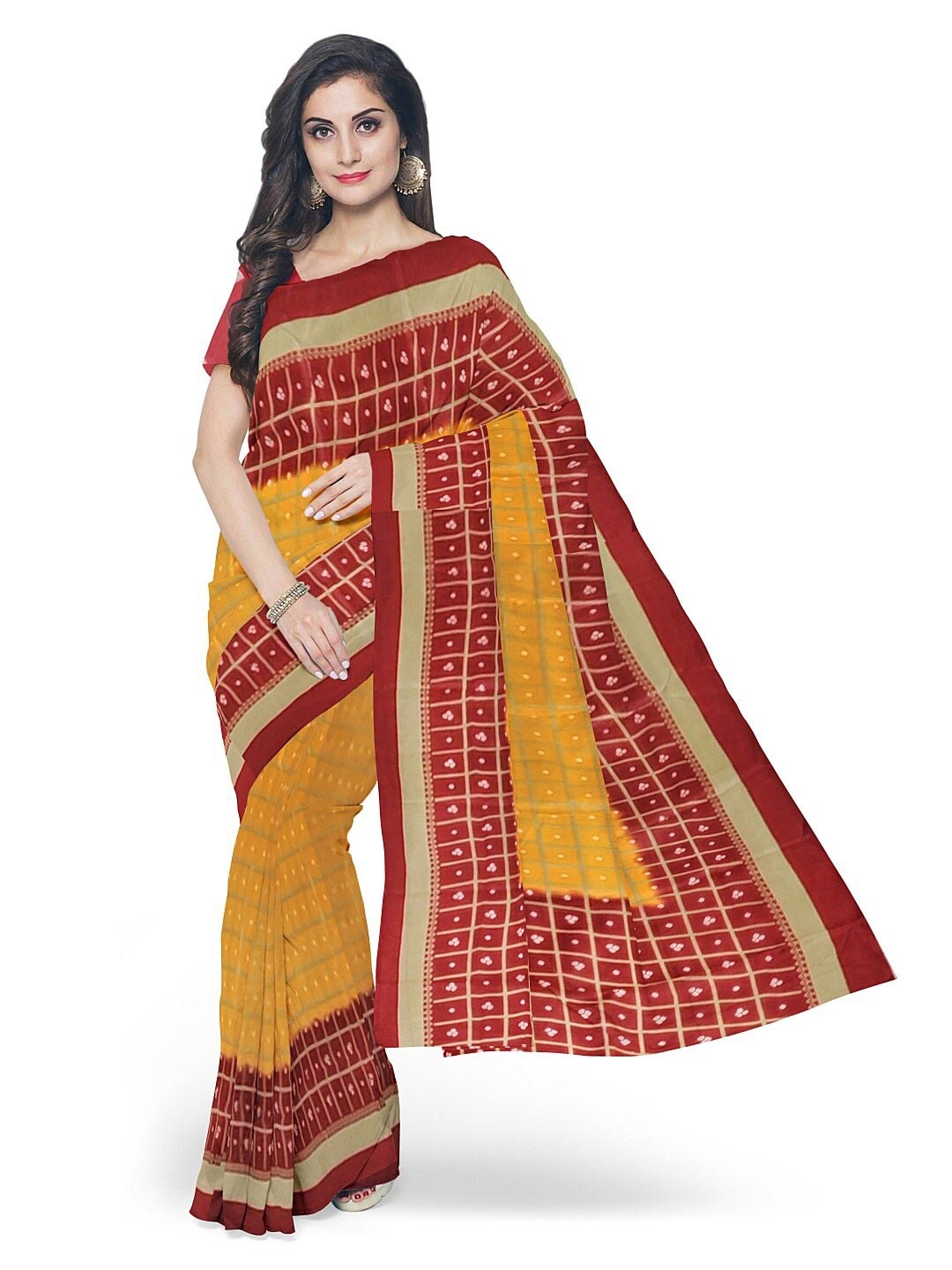 

Florence Yellow & Red Bandhani Silk Blend Fusion Bandhani Saree