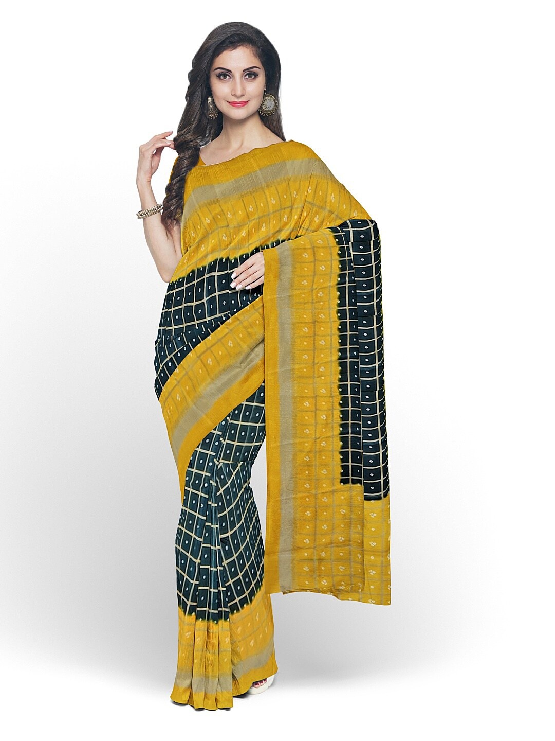 

Florence Black & Yellow Bandhani Silk Blend Fusion Bandhani Saree