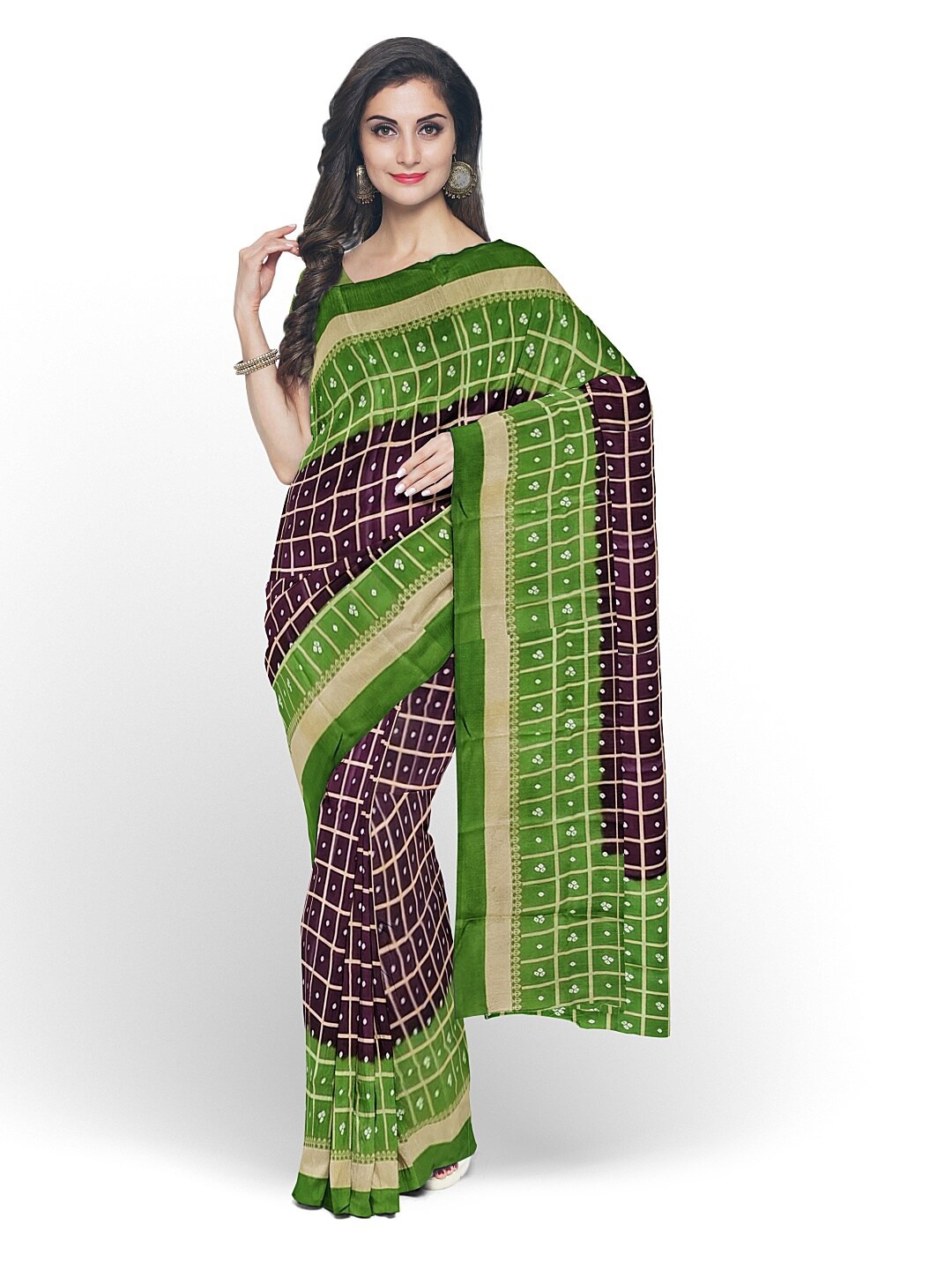 

Florence Coffee Brown & Green Bandhani Silk Blend Fusion Bandhani Saree