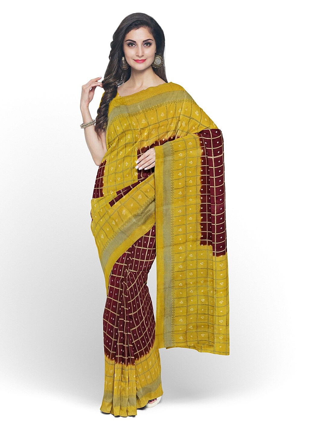 

Florence Maroon & Gold-Toned Bandhani Silk Blend Fusion Bandhani Saree