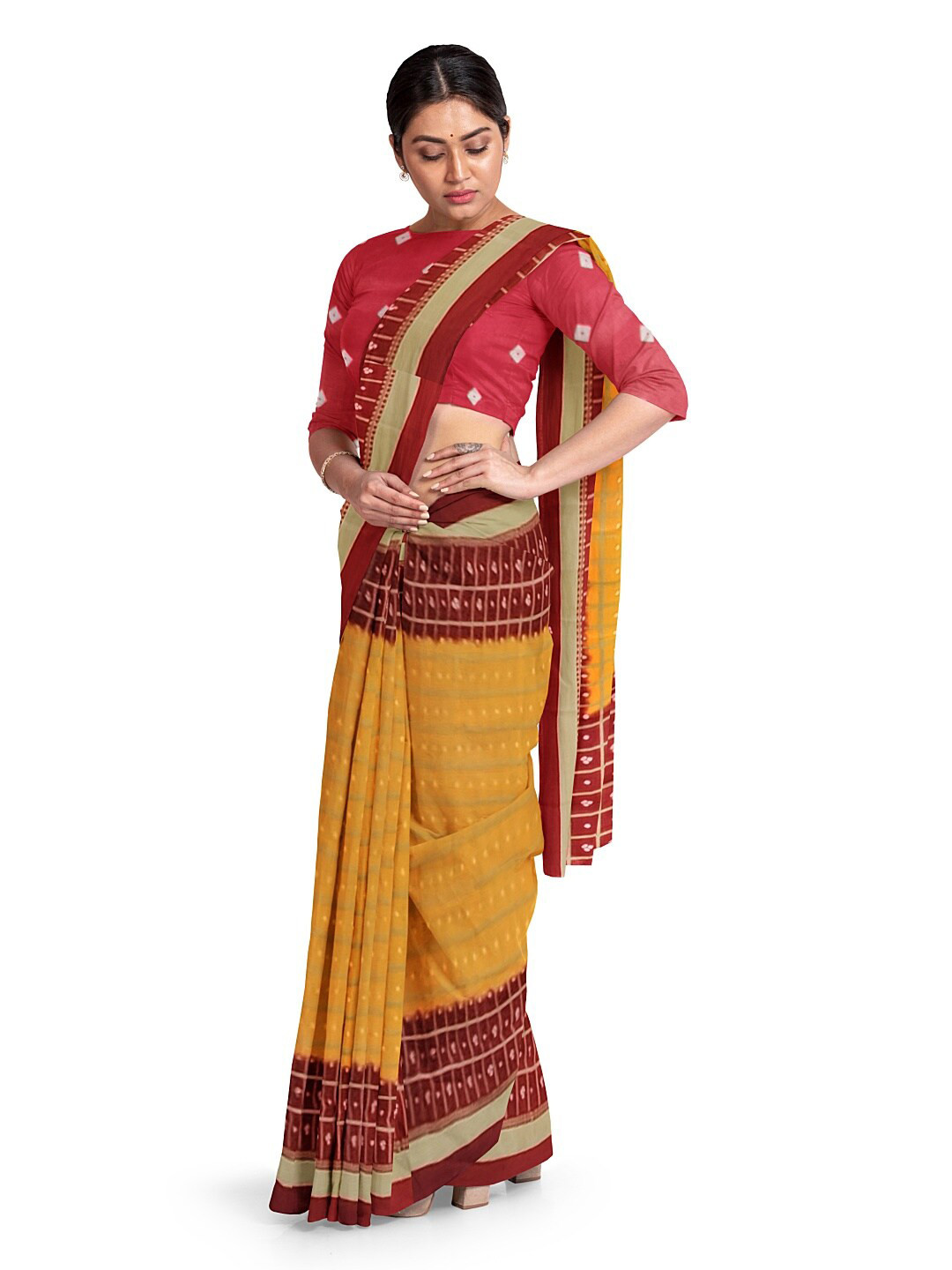 

Florence Yellow & Maroon Bandhani Silk Blend Fusion Bandhani Saree
