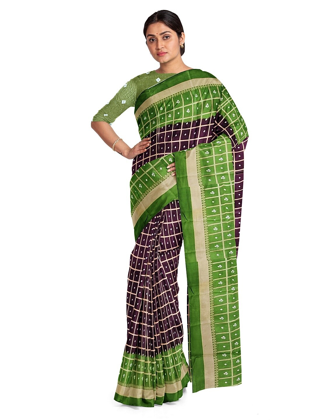 

KALINI Coffee Brown & Green Bandhani Silk Blend Fusion Bandhani Saree