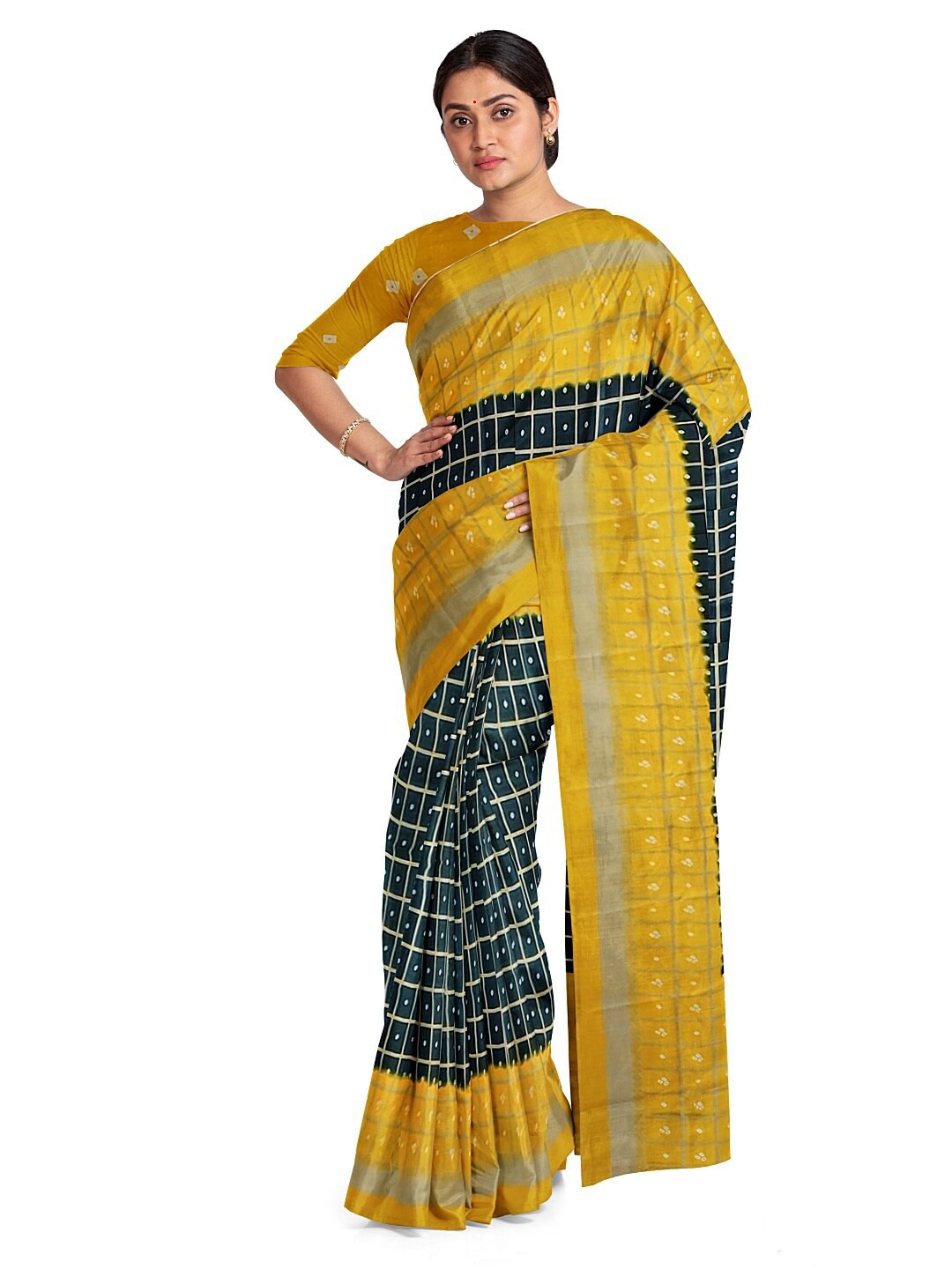 

KALINI Black & Yellow Bandhani Silk Blend Fusion Bandhani Saree