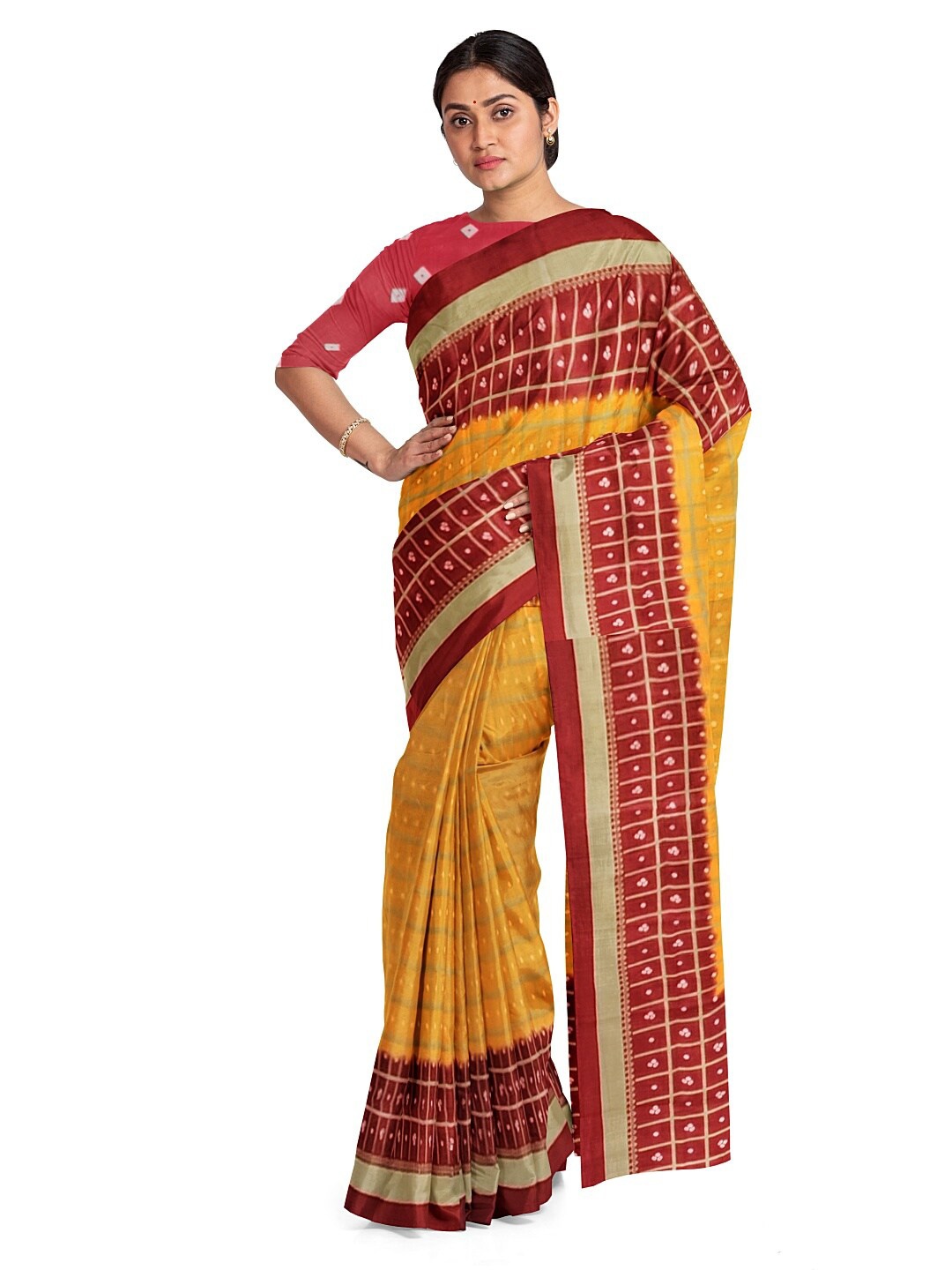 

KALINI Yellow & Rust Bandhani Silk Blend Fusion Bandhani Saree