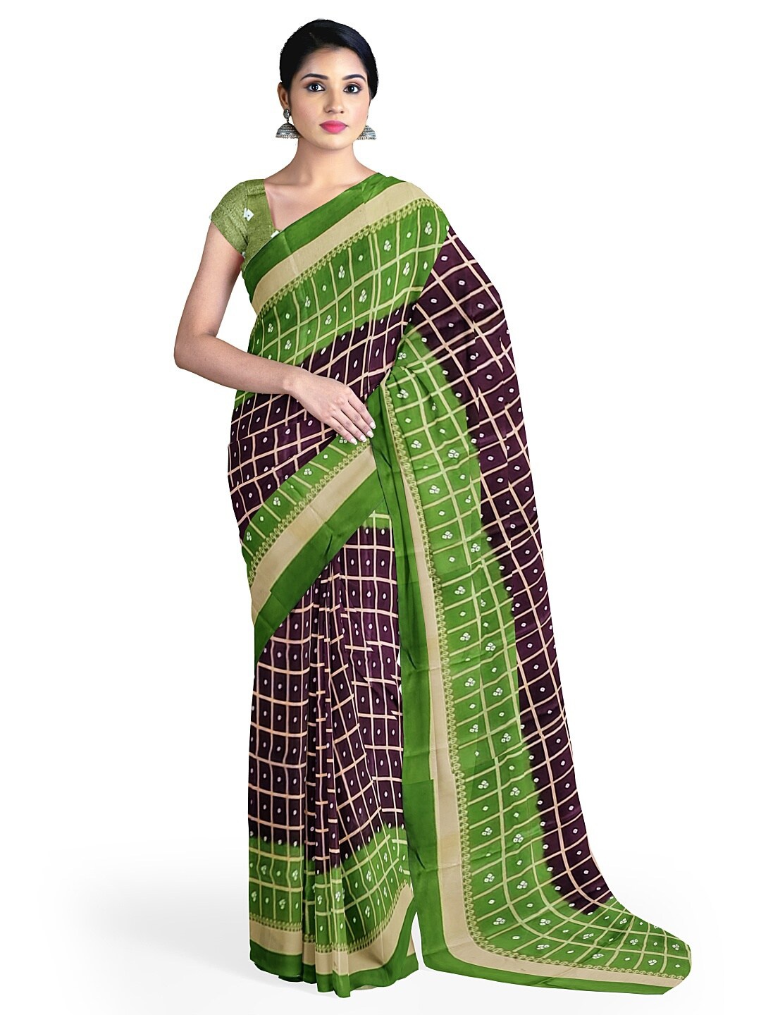 

Florence Coffee Brown & Green Bandhani Silk Blend Fusion Bandhani Saree