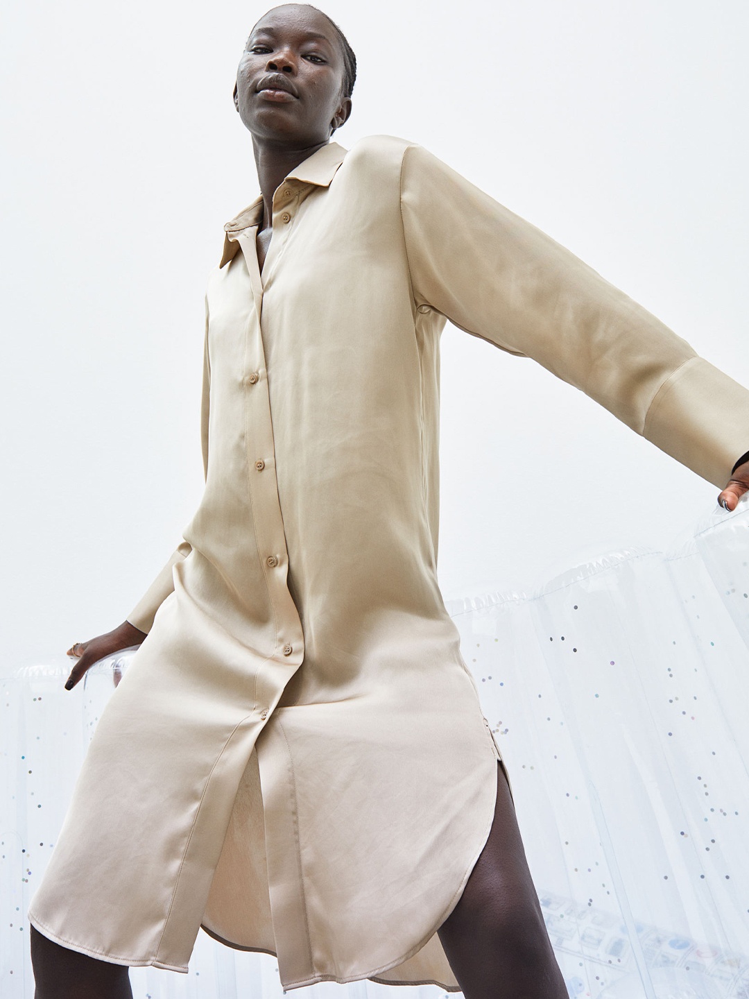 

H&M Women Beige Oversized Shirt Dress
