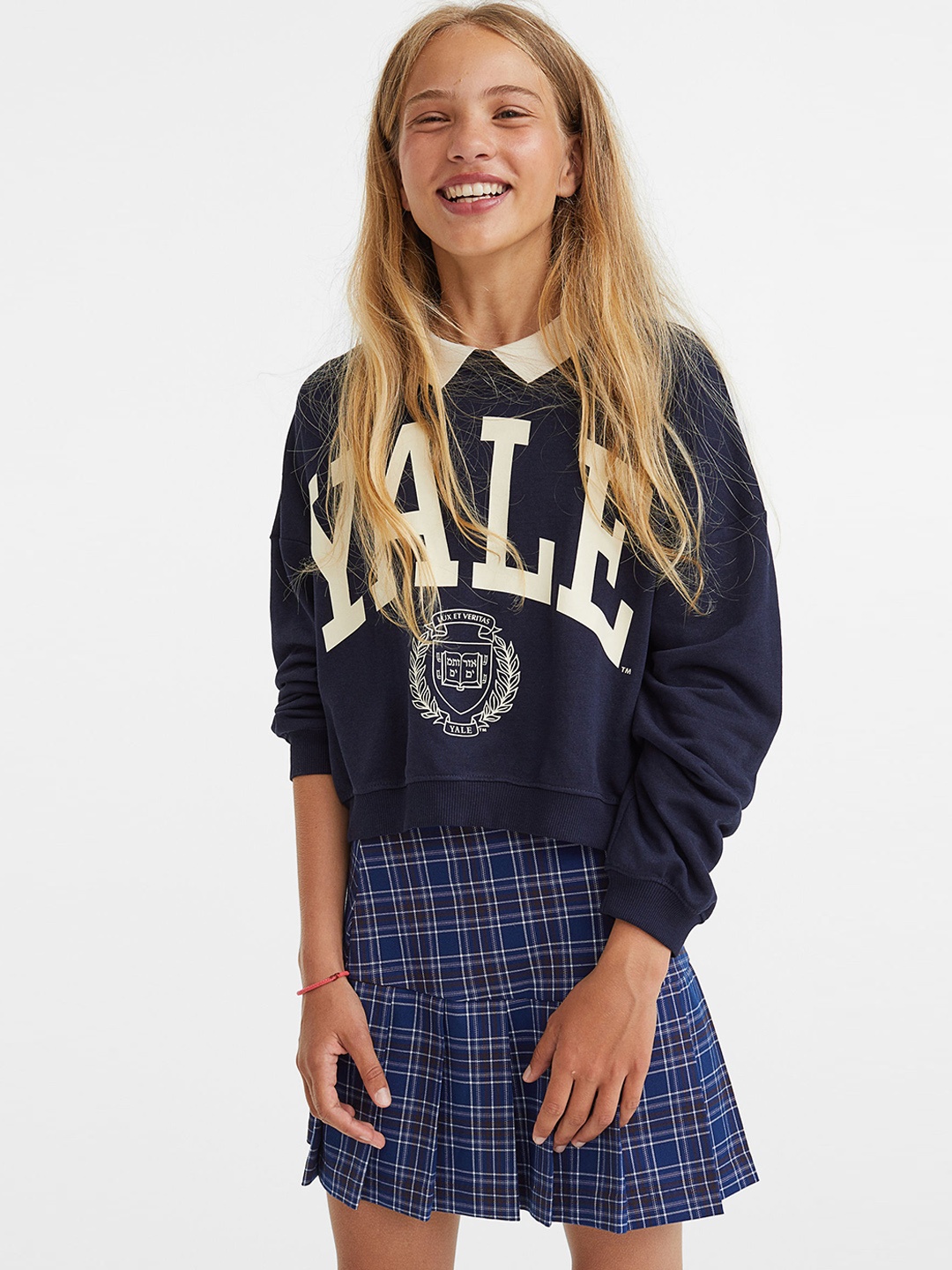 

H&M Girls Blue Checked Pleated Twill Skirt