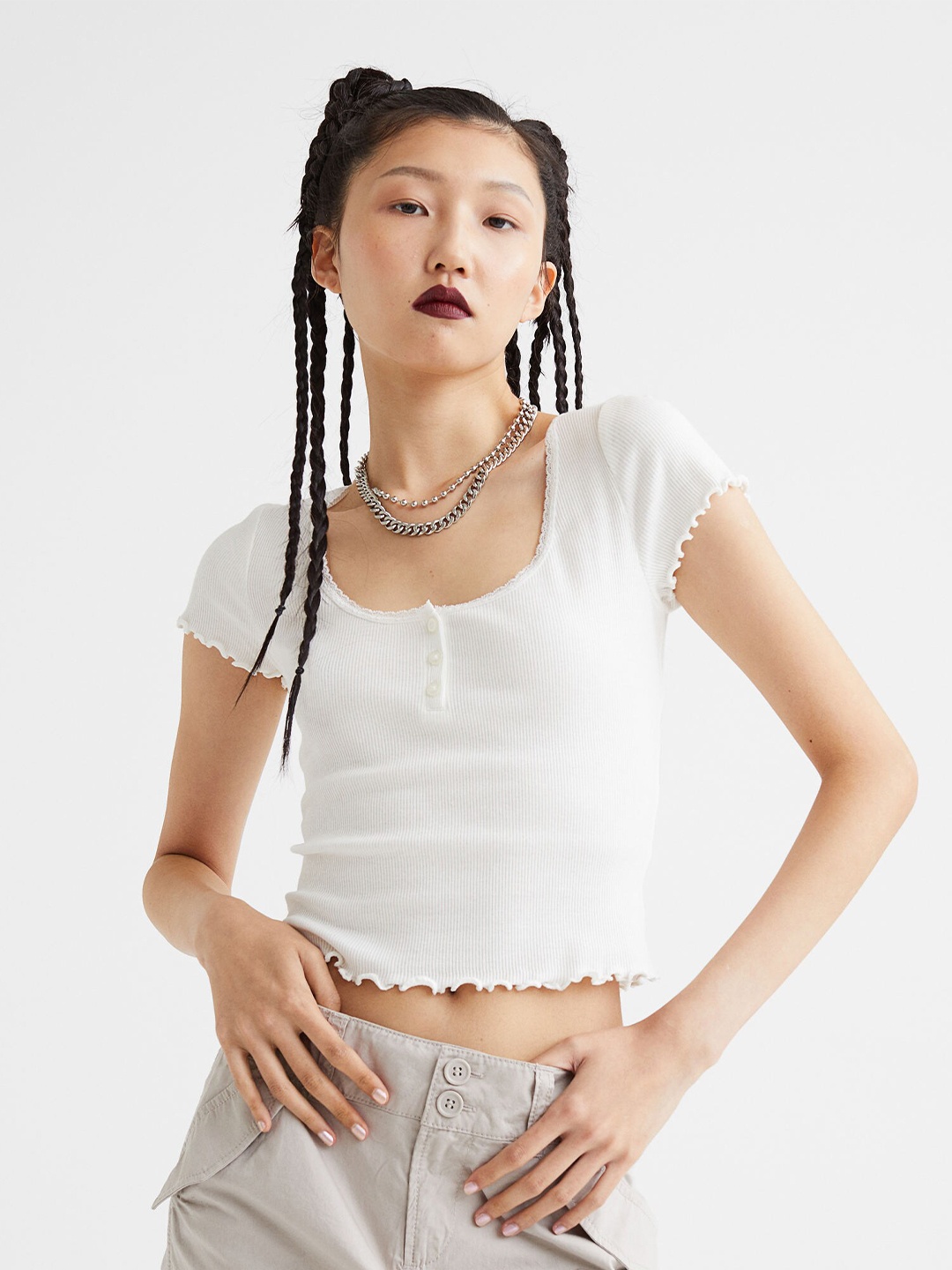 

H&M Women White Ribbed Button-Placket T-shirt