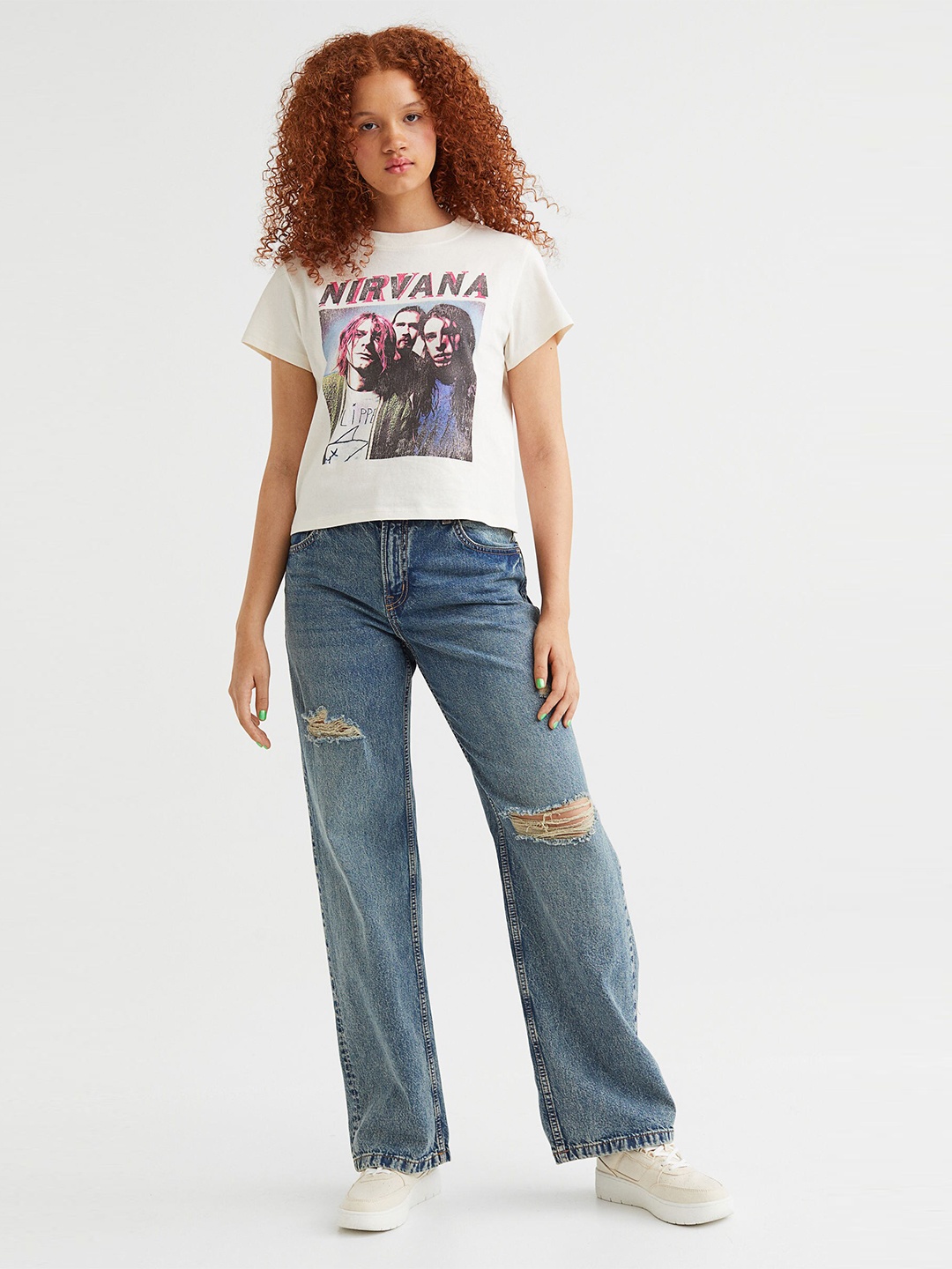 

H&M Women White Cotton Printed T-shirt