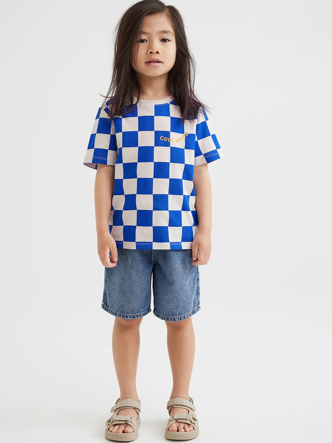 

H&M Girls Blue & White Checked Cotton T-shirt