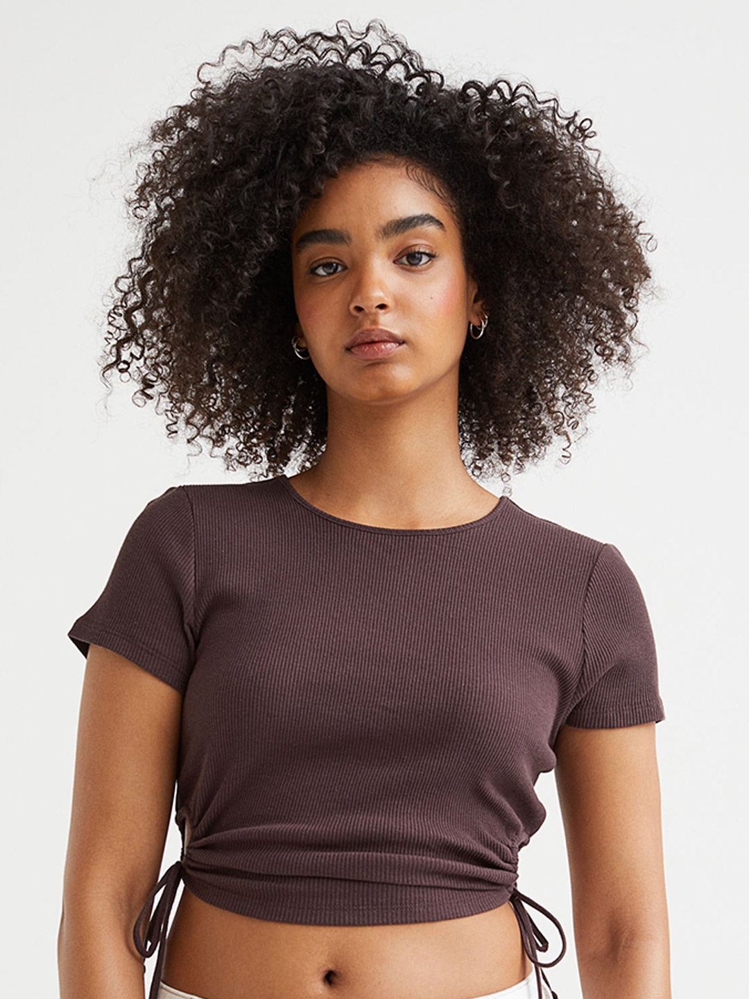 

H&M Women Brown Ribbed Cut-Out Top