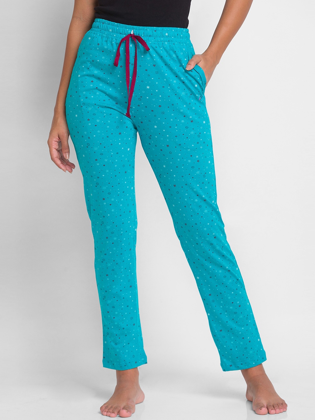 

XIN Women Blue Printed Pure Cotton Relaxed-Fit Lounge Pants, Teal