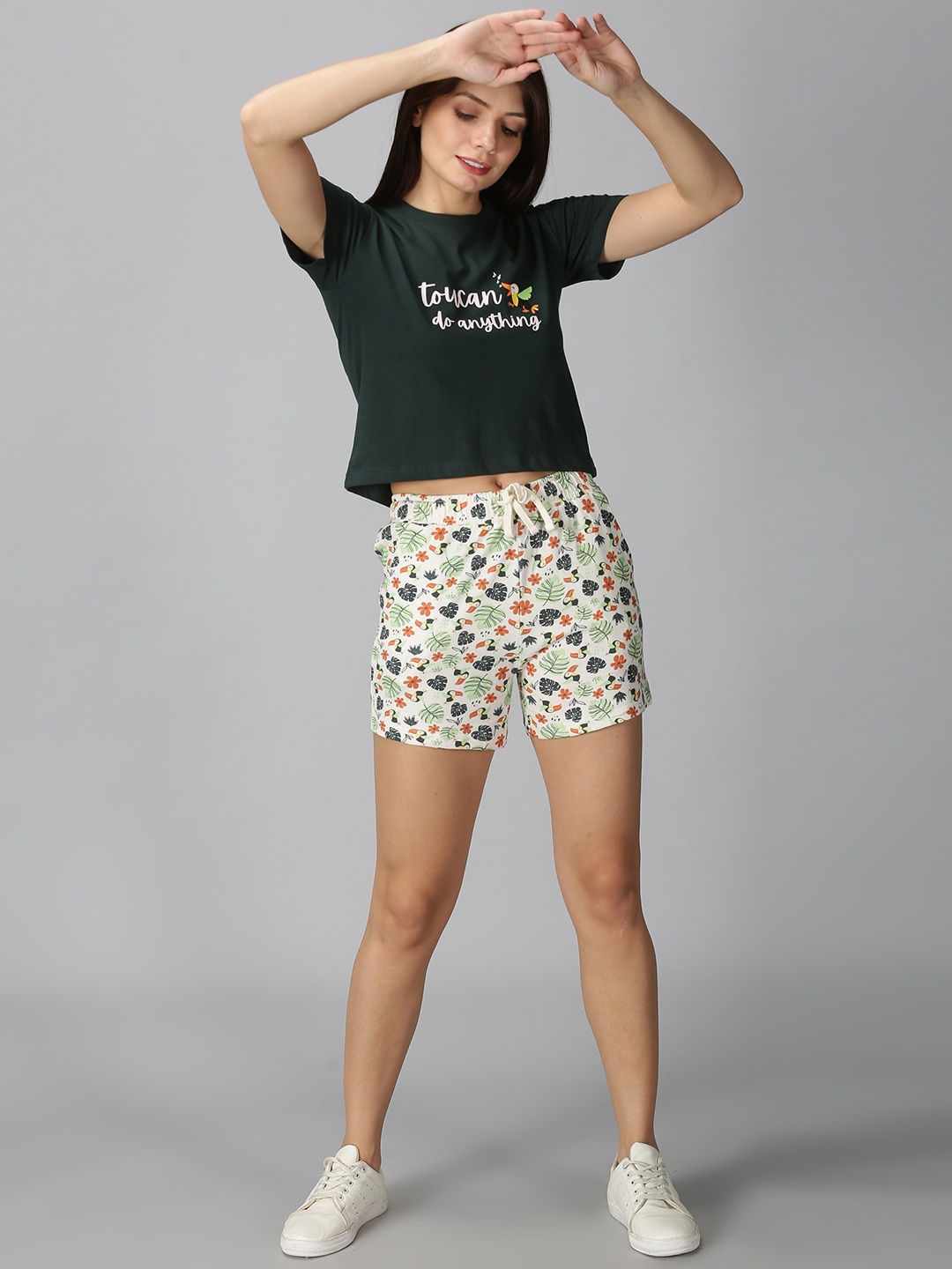 

The Short Store Women Green & White Printed Night suit